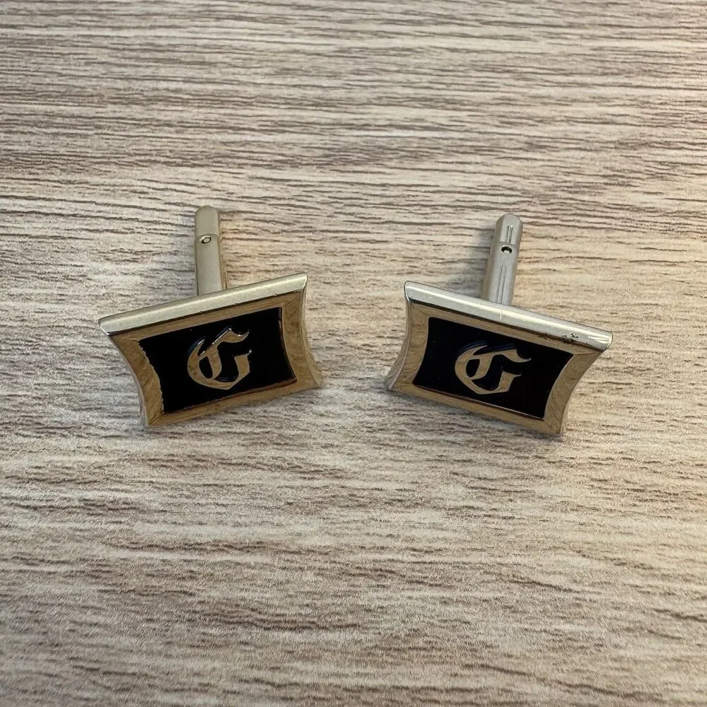 Vintage Initial “G” Cufflinks Gold Tone Black Enamel Letter Monogram Retro Men’s